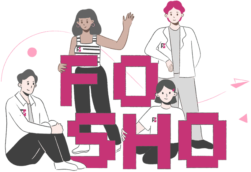 Das FOSHO-Team mit den FOSHO-Pixelbuchstaben